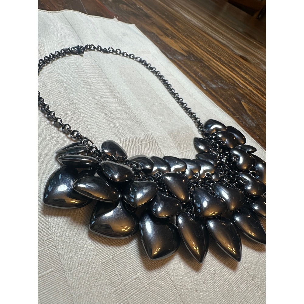 Joan Rivers Gunmetal Puffy Heart Bib Statement Necklace Metallic 1990's Vintage